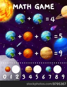 Math game. Cartoon space planets and stars. Children math game, mathematical playing activity or addition task puzzle vector worksheet with Solar system Earth, Mars and Jupiter, Neptune cartoon planet. Math game with cartoon space planets and stars
