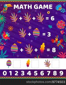 Math game. Cartoon toucans flowers and plants. Child mathematical playing activity, children math puzzle or kids addition game vector worksheet with colorful jungle plants, toucan and parrot birds. Math game with cartoon toucans flowers and plants