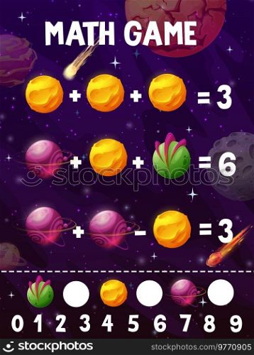 Math game kids quiz worksheet. Fantastic galaxy cartoon space planets, stars and comets. Addition and subtraction math puzzle or kids mathematical vector riddle with fantastic planets and asteroids. Math quiz worksheet with cartoon space planet
