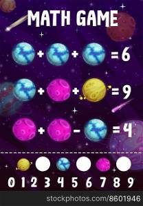 Math game puzzle worksheet. Cartoon fantasy planets in galaxy space. Kids math vector riddle, mathematics quiz and learning playing activity with fantastic icy planets, moon and comets in outerspace. Math game puzzle worksheet with cartoon planets
