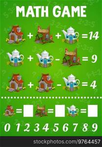 Math game worksheet, cartoon elf and gnome house buildings puzzle quiz. Vector riddle game of addition and subtraction exercises with fairy tree stump and teapot houses, kids education activity. Math game worksheet, cartoon elf and gnome house