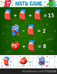 Math game worksheet, cartoon eraser, red apple and school textbook, vector education maze. Kids activity puzzle for addition and subtraction learning, mathematics numbers logic test and brain teaser. Math game worksheet, cartoon education maze puzzle