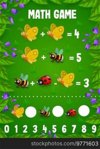 Math game worksheet, cartoon funny insect characters counting puzzle in flower frame. Vector quiz of kids education with butterfly, bumblebee and ladybug insect personages on grass meadow background. Math game worksheet with cartoon insect characters