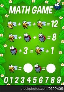 Math game worksheet. Cartoon funny insects. Cheerful bumblebee or bee, ladybug and spider cute characters on kids mathematical quiz, addition playing activity vector page or children puzzle game. Math game worksheet with cartoon funny insects