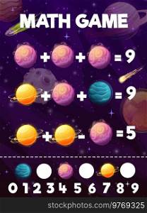 Math game worksheet. Cartoon galaxy space fantasy planets, stars and flying in galaxy comets. Kids math puzzle game, mathematical vector riddle with addition and subtraction task, fantastic planets. Cartoon space planets addition math game worksheet