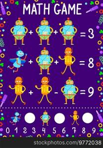 Math game worksheet. Cartoon robot and droid characters, vector counting puzzle of kids education activity. Addition and subtraction exercises with cute robot personages, screwdrivers and bolts frame. Math game worksheet, cartoon robots and droids