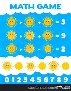 Math game worksheet. Cartoon sun characters and sky clouds. Kids math puzzle, child mathematical playing activity or riddle vector worksheet with cheerful, smiling sun personages. Math game worksheet with cartoon sun characters