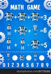 Math game worksheet of cartoon robots and droids with gears frame. Kids education vector puzzle quiz, counting game with modern bots, math exercises of funny white humanoid cyborgs and robots. Math game worksheet of cartoon robots and droids