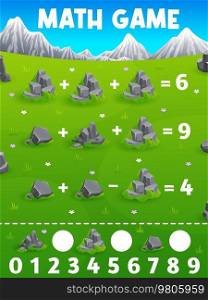 Math game worksheet. Stones and rocks on mountain meadow. Kids educational riddle, mathematical puzzle or quiz with addition and subtraction playing activity and cartoon stones on alpine meadow grass. Math game worksheet with stones, rocks on meadow