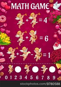 Math game worksheet, valentine wedding Cupids counting puzzle. Vector quiz game of kids education activity with math exercises in frame of love hearts, red rose flowers, gifts and candies. Math game worksheet with valentine Cupids