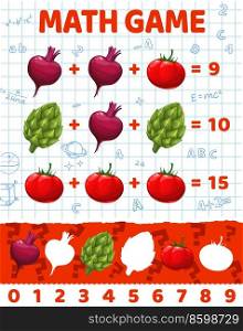 Math game worksheet with ripe beet, tomato and artichoke, vector education riddle. Kids math puzzle with vegetables for mathematics addition and subtraction riddle for count and calculation skills. Math game worksheet, education riddle