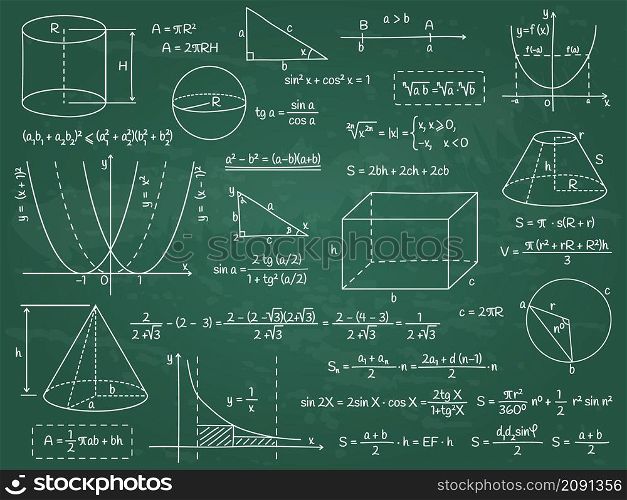 Math, geometry or physics calculation formulas, algebra figures and graphs. Doodle school education graphs vector illustration set. Hand drawn formula symbols. Science lecture or lesson. Math, geometry or physics calculation formulas, algebra figures and graphs. Doodle school education graphs vector illustration set. Hand drawn formula symbols