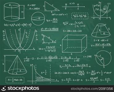 Math, geometry or physics calculation formulas, algebra figures and graphs. Doodle school education graphs vector illustration set. Hand drawn formula symbols. Science lecture or lesson. Math, geometry or physics calculation formulas, algebra figures and graphs. Doodle school education graphs vector illustration set. Hand drawn formula symbols