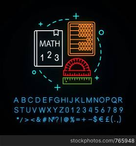 Math neon light concept icon. Mathematics and geometry idea. School subject. Education. Learning process. Glowing sign with alphabet, numbers and symbols. Vector isolated illustration. Math neon light concept icon