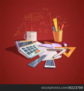 Math science concept. Math science concept with school lesson items in retro cartoon style vector illustration