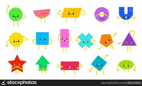 Math shape characters with funny geometric figures, vector geometry education. Cartoon triangle, square, circle and rectangle, hexagon, diamond, pentagon, star and arrow personages with cute faces. Math shape characters, funny geometric figures