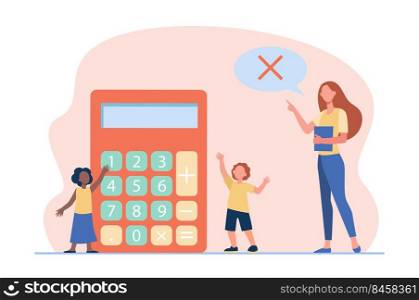 Math teacher forbidding to use calculator. Teaching, prohibition sign in speech bubble, kids. Flat vector illustration. Education, studying concept for banner, website design or landing web page