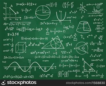Math theory. Mathematics calculus on class chalkboard. Algebra and geometry science handwritten formulas vector education concept. Formula and theory on blackboard, science study illustration. Math theory. Mathematics calculus on class chalkboard. Algebra and geometry science handwritten formulas vector education concept