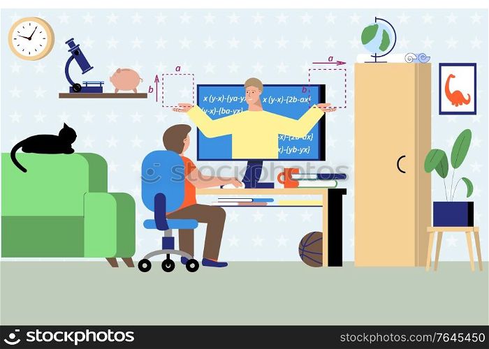 Math tutor online composition with living room interior and person at computer table taking remote lessons vector illustration