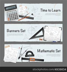 Mathematic Science Banners Set. Science mathematic horizontal banners set with stationery measuring equipment calculator and written solutions vector illustration