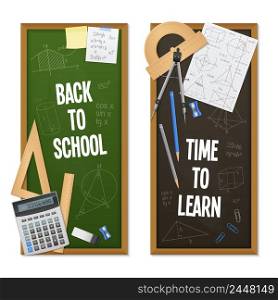 Mathematic science vertical banners look like chalkboards with title drawing solutions and calculation equipment and stationery vector illustration. Vertical Banners Mathematic Science