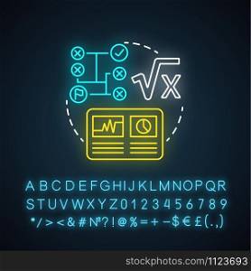 Mathematical base neon light concept icon. Calculations idea. Combination of numbers and digits. Arithmetic system. Glowing sign with alphabet, numbers and symbols. Vector isolated illustration