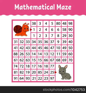 Mathematical colored square maze. Education developing worksheet. Game for kids. Puzzle for children. The study of numbers. Labyrinth conundrum. Flat vector illustration isolated on white background