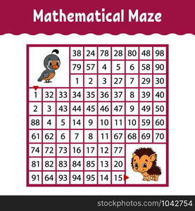 Mathematical colored square maze. Education developing worksheet. Game for kids. Puzzle for children. The study of numbers. Labyrinth conundrum. Flat vector illustration isolated on white background