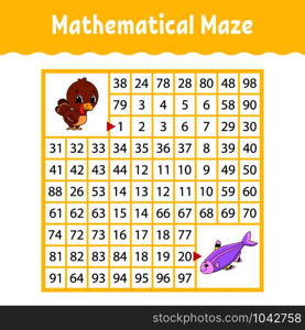 Mathematical colored square maze. Education developing worksheet. Game for kids. Puzzle for children. The study of numbers. Labyrinth conundrum. Flat vector illustration isolated on white background