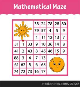 Mathematical colored square maze. Education developing worksheet. Game for kids. Puzzle for children. The study of numbers. Labyrinth conundrum. Flat vector illustration isolated on white background