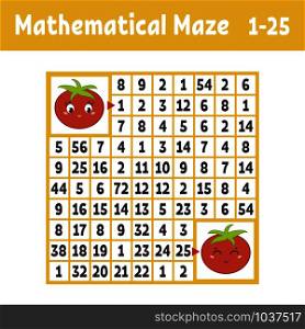 Mathematical colored square maze. Help one tomato get to another. Game for kids. Puzzle for children. The study of numbers. Labyrinth conundrum. Flat vector illustration isolated on white background. Mathematical colored square maze. Help one tomato get to another. Game for kids. Puzzle for children. The study of numbers. Labyrinth conundrum. Flat vector illustration isolated on white background.