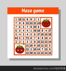 Mathematical colored square maze. Help one tomato get to another. Game for kids. Puzzle for children. The study of numbers. Labyrinth conundrum. Flat vector illustration isolated on white background. Mathematical colored square maze. Help one tomato get to another. Game for kids. Puzzle for children. The study of numbers. Labyrinth conundrum. Flat vector illustration isolated on white background.