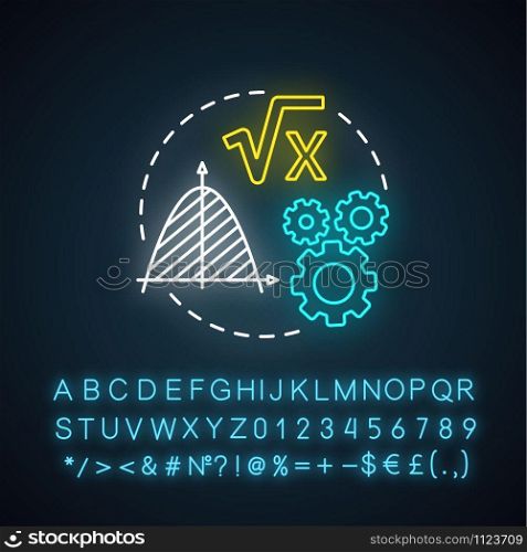 Mathematical foundations neon light concept icon. Calculations base idea. Combination of numbers, digits. Arithmetic and numerical system. Glowing sign with alphabet. Vector isolated illustration