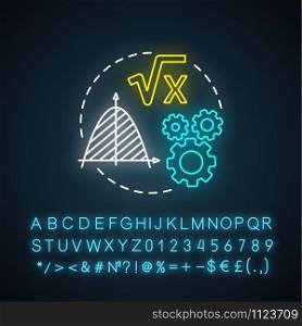 Mathematical foundations neon light concept icon. Calculations base idea. Combination of numbers, digits. Arithmetic and numerical system. Glowing sign with alphabet. Vector isolated illustration
