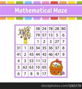 Mathematical maze. Game for kids. Number labyrinth. Education developing worksheet. Activity page. Puzzle for children. Cartoon characters. Easter theme. Color vector illustration