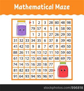 Mathematical maze. Game for kids. Number labyrinth. Education developing worksheet. Activity page. Puzzle for children. Cartoon characters. Riddle for preschool. Color vector illustration