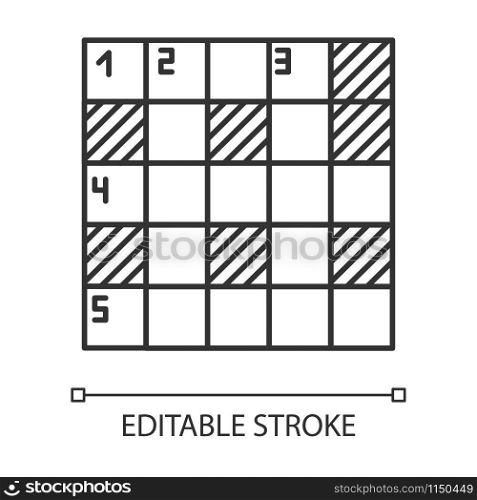 Mathematical puzzle linear icon. Sudoku grid. Number placement. Logic game. Cryptic crosswords. Brain teaser. Thin line illustration. Contour symbol. Vector isolated outline drawing. Editable stroke
