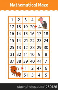 Mathematical rectangle maze. Ant and vulture. Game for kids. Number labyrinth. Education worksheet. Activity page. Riddle for children. Cartoon characters.