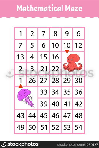 Mathematical rectangle maze. Jellyfish and octopus. Game for kids. Number labyrinth. Education worksheet. Activity page. Riddle for children. Cartoon characters.