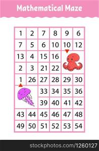 Mathematical rectangle maze. Jellyfish and octopus. Game for kids. Number labyrinth. Education worksheet. Activity page. Riddle for children. Cartoon characters.
