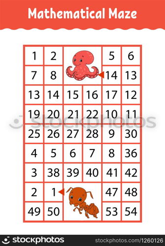 Mathematical rectangle maze. Octopus and ant. Game for kids. Number labyrinth. Education worksheet. Activity page. Riddle for children. Cartoon characters.