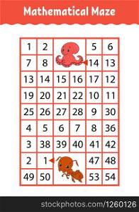 Mathematical rectangle maze. Octopus and ant. Game for kids. Number labyrinth. Education worksheet. Activity page. Riddle for children. Cartoon characters.