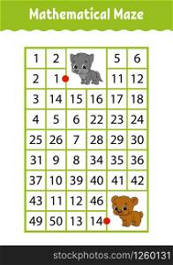 Mathematical rectangle maze. Wolf and bear. Game for kids. Number labyrinth. Education worksheet. Activity page. Riddle for children. Cartoon characters.