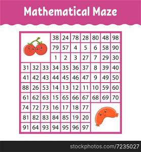 Mathematical square maze. Game for kids. Number labyrinth. Education worksheet. Activity page. Puzzle for children. Cartoon characters. Color vector illustration.