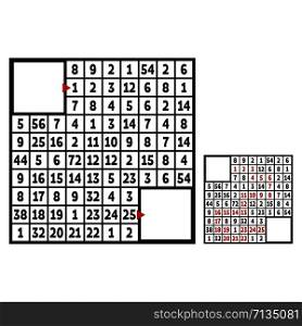 Mathematical square maze. Game for kids. Puzzle for children. The study of numbers. Labyrinth conundrum. Flat vector illustration isolated on white background. With answer. With place for your image. Mathematical square maze. Game for kids. Puzzle for children. The study of numbers. Labyrinth conundrum. Flat vector illustration isolated on white background. With answer. With place for your image.