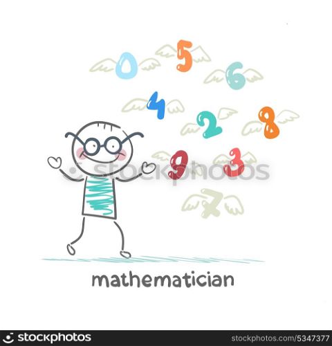 mathematician stands next to the flying figures