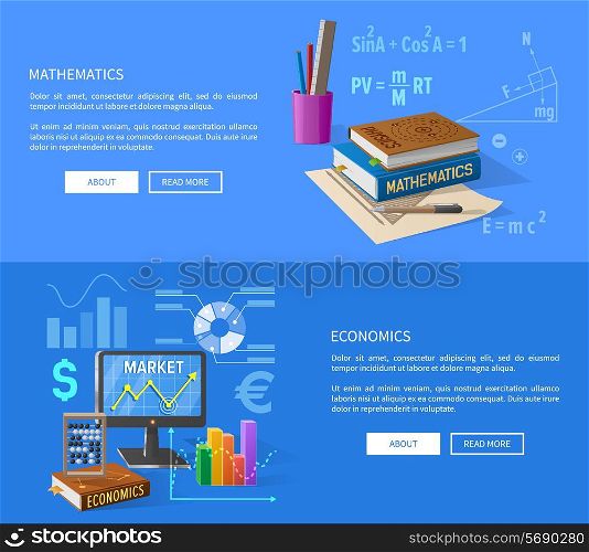 Mathematics and Economics Lessons Informative Page. Mathematics and economics lessons informative page with textbooks in hardcover, statistical charts and success at market graphic vector illustrations.