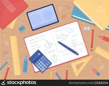 Mathematics homework flat color vector illustration. Calculating math. Workspace for students. Table with books and textbooks. Top view 2D cartoon illustration with desktop on background collection. Mathematics homework flat color vector illustration