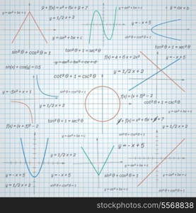 Mathematics plots and formulas paper background vector illustration