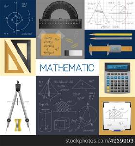 Mathematics Science Concept. Mathematics science concept with rulers copybook compass pencils calculator formulas and diagrams isolated vector illustration